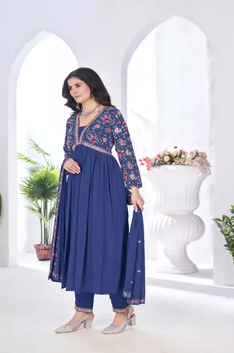 blooming georgette zari embroidery with digital print work blue kurta set