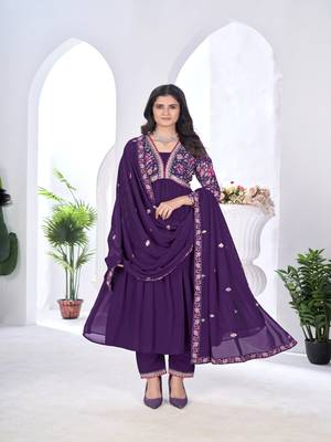blooming georgette zari embroidery with digital print work wine kurta set 1