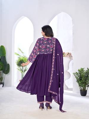 blooming georgette zari embroidery with digital print work wine kurta set 2
