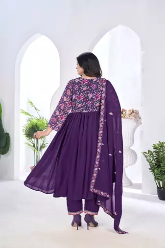 blooming georgette zari embroidery with digital print work wine kurta set
