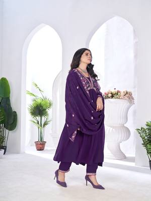 blooming georgette zari embroidery with digital print work wine kurta set 3