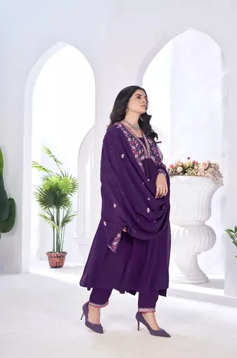 blooming georgette zari embroidery with digital print work wine kurta set