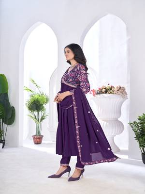 blooming georgette zari embroidery with digital print work wine kurta set 4