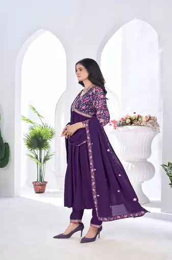 blooming georgette zari embroidery with digital print work wine kurta set