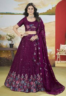 Purple Thread & Sequins Embroidery Heavy Chonnon Indian Wedding Lehenga Choli Dress 1