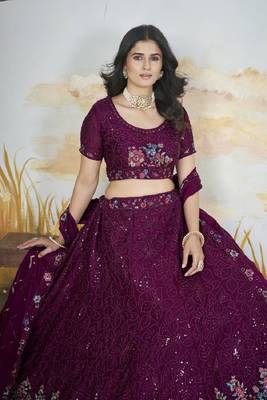 Purple Thread & Sequins Embroidery Heavy Chonnon Indian Wedding Lehenga Choli Dress 2