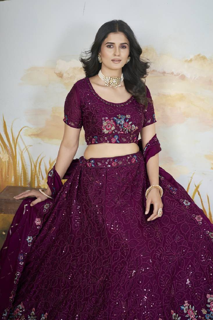 Purple Thread & Sequins Embroidery Heavy Chonnon Indian Wedding Lehenga Choli Dress