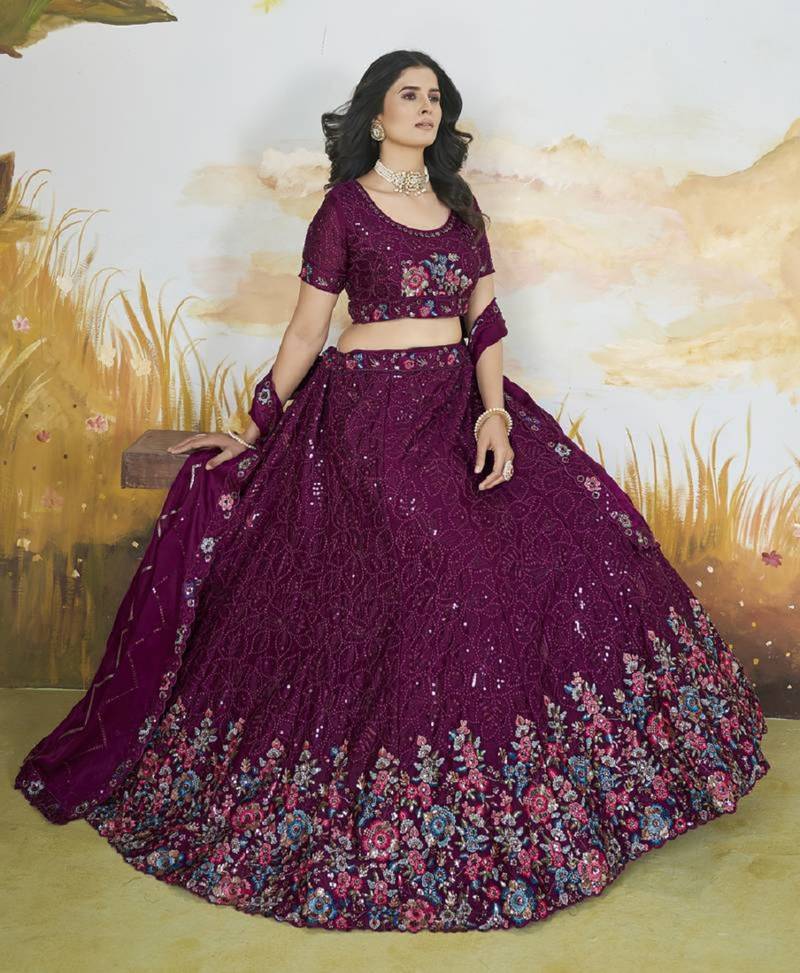 Purple Thread & Sequins Embroidery Heavy Chonnon Indian Wedding Lehenga Choli Dress