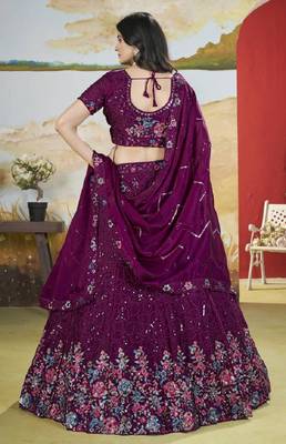 Purple Thread & Sequins Embroidery Heavy Chonnon Indian Wedding Lehenga Choli Dress 4