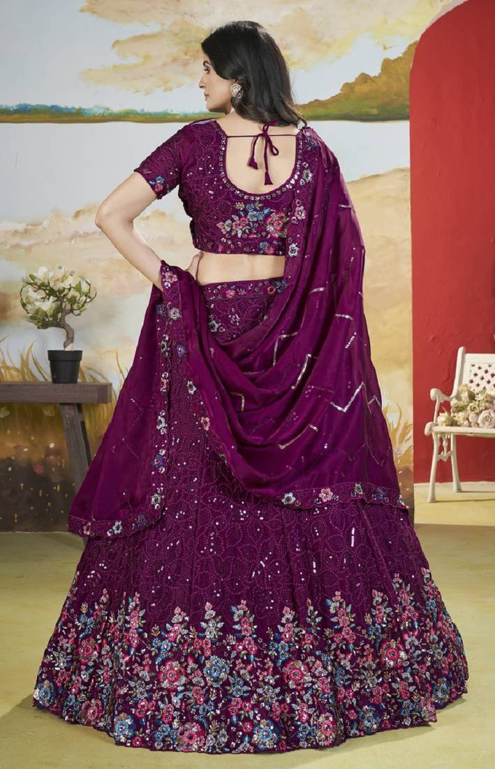 Purple Thread & Sequins Embroidery Heavy Chonnon Indian Wedding Lehenga Choli Dress