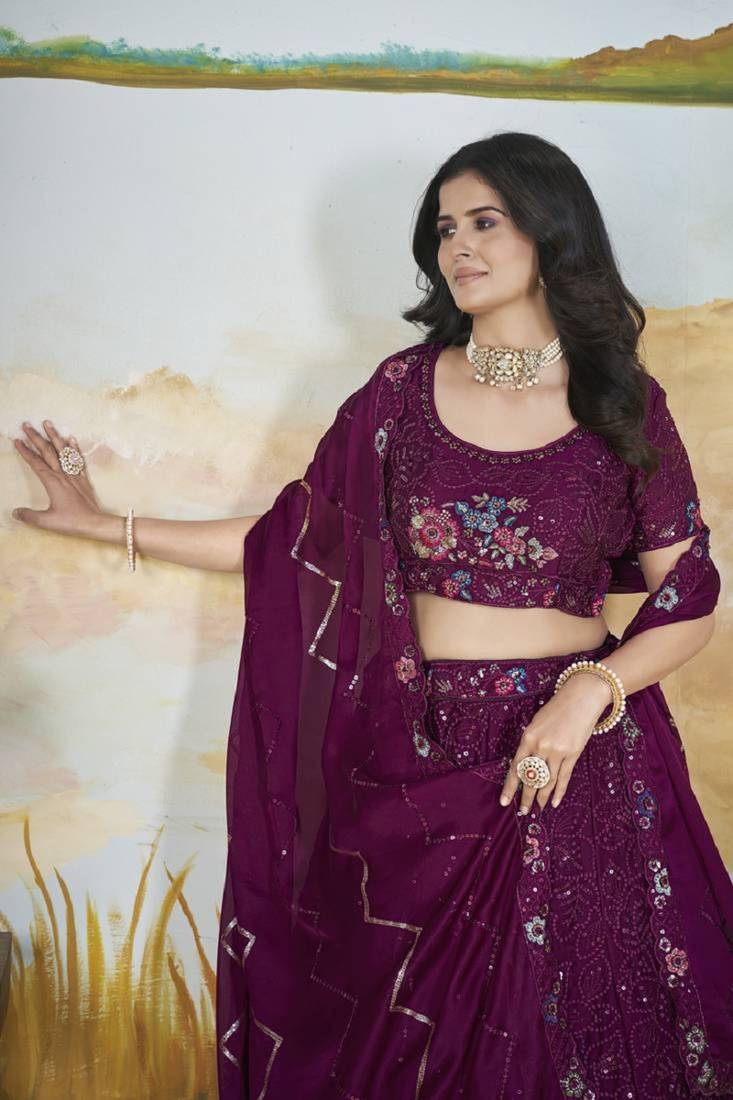 Purple Thread & Sequins Embroidery Heavy Chonnon Indian Wedding Lehenga Choli Dress