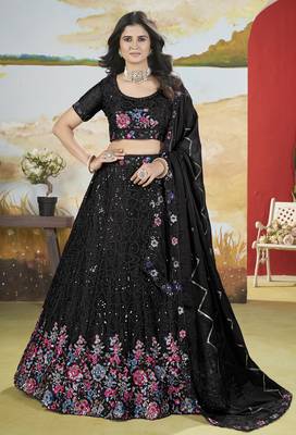 Black Thread & Sequins Embroidery Heavy Chonnon Indian Wedding Lehenga Dress 1