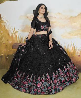Black Thread & Sequins Embroidery Heavy Chonnon Indian Wedding Lehenga Dress 3