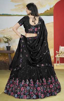 Black Thread & Sequins Embroidery Heavy Chonnon Indian Wedding Lehenga Dress 4