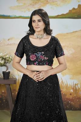 Black Thread & Sequins Embroidery Heavy Chonnon Indian Wedding Lehenga Dress 5
