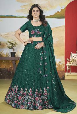  Green Thread & Sequins Designer Embroidery Heavy Chonnon Indian Dress Lehenga Choli For Wedding 1