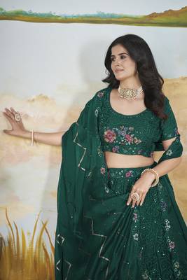  Green Thread & Sequins Designer Embroidery Heavy Chonnon Indian Dress Lehenga Choli For Wedding 2