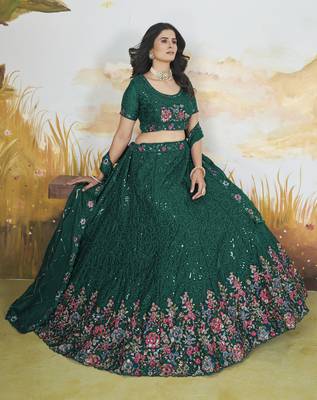  Green Thread & Sequins Designer Embroidery Heavy Chonnon Indian Dress Lehenga Choli For Wedding 3