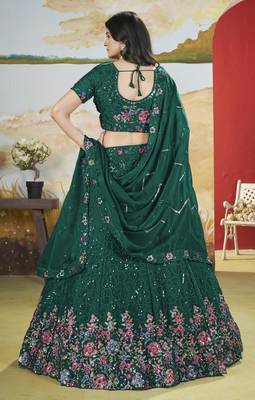  Green Thread & Sequins Designer Embroidery Heavy Chonnon Indian Dress Lehenga Choli For Wedding 4