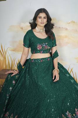  Green Thread & Sequins Designer Embroidery Heavy Chonnon Indian Dress Lehenga Choli For Wedding 5