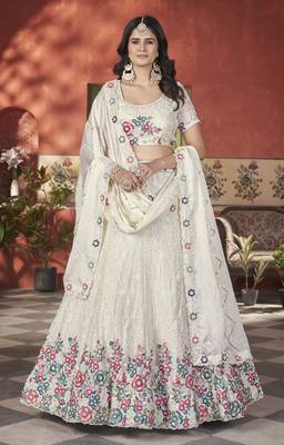 Fetching White Thread & Sequins Embroidery Heavy Chonnon Indian Party Lehenga Choli Dress 1