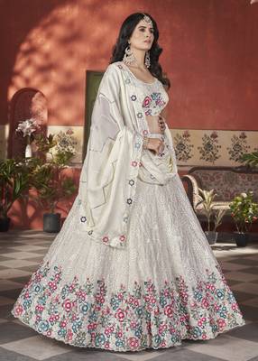 Fetching White Thread & Sequins Embroidery Heavy Chonnon Indian Party Lehenga Choli Dress 3