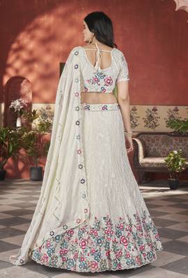 Fetching White Thread & Sequins Embroidery Heavy Chonnon Indian Party Lehenga Choli Dress 4