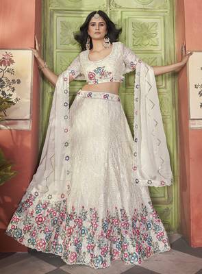 Fetching White Thread & Sequins Embroidery Heavy Chonnon Indian Party Lehenga Choli Dress 5