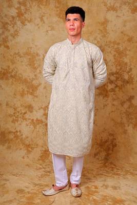 zari work ivory kurta with trouser pajama 1