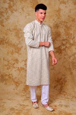 zari work ivory kurta with trouser pajama 3