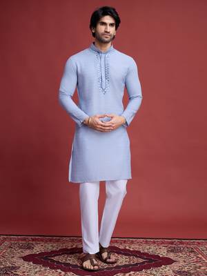 Sky blue viscose mirror work wedding function festival marriage party wear straight kurta 7
