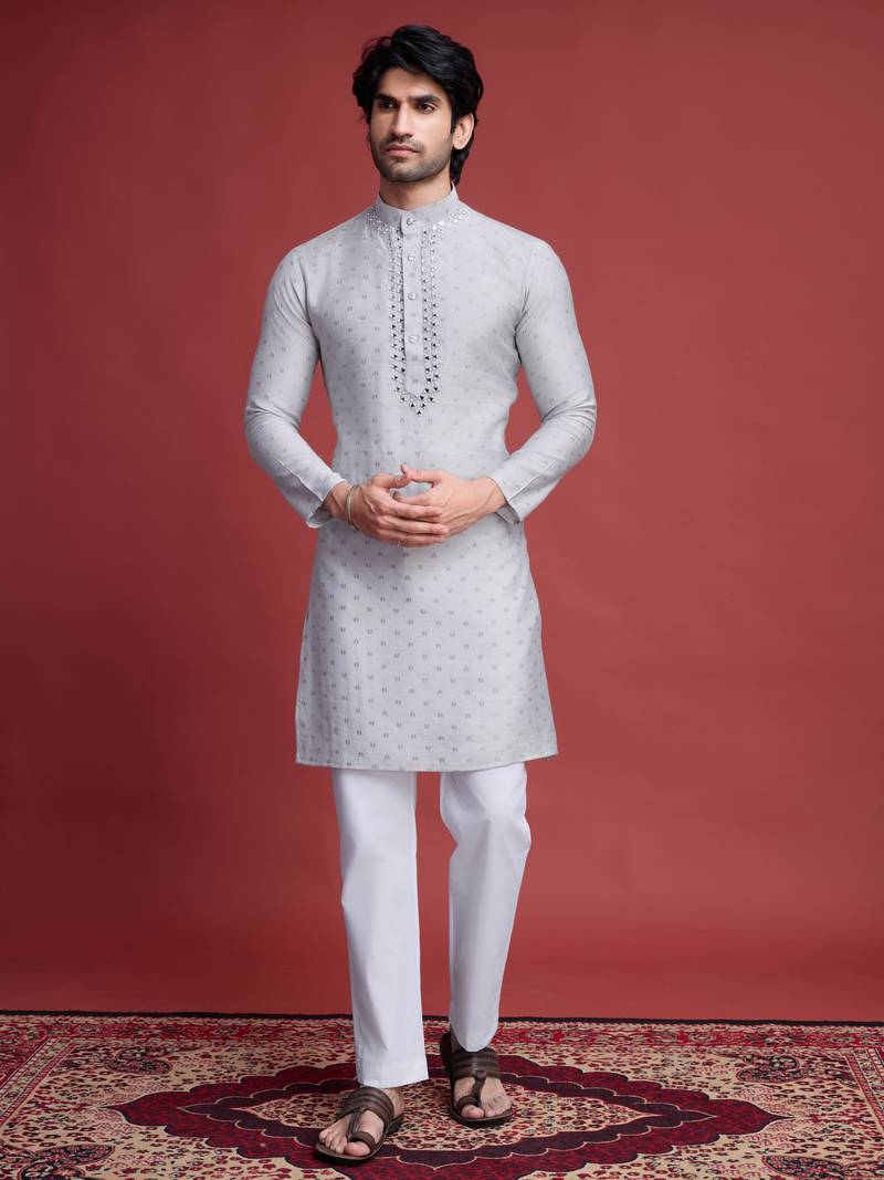 Beige viscose mirror work wedding function festival marriage party wear straight kurta