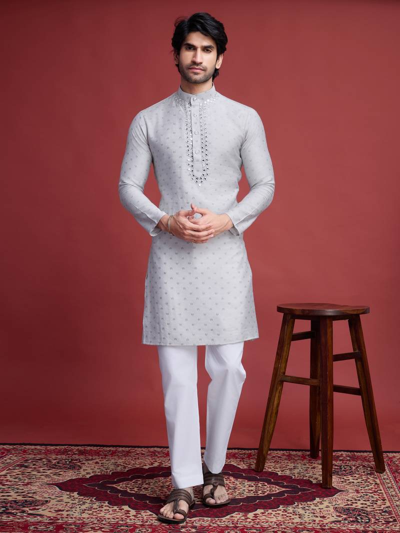 Beige viscose mirror work wedding function festival marriage party wear straight kurta