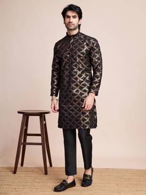 Black silk thread and sequins embroidered work wedding function festival marriage party wear straight kurta 7