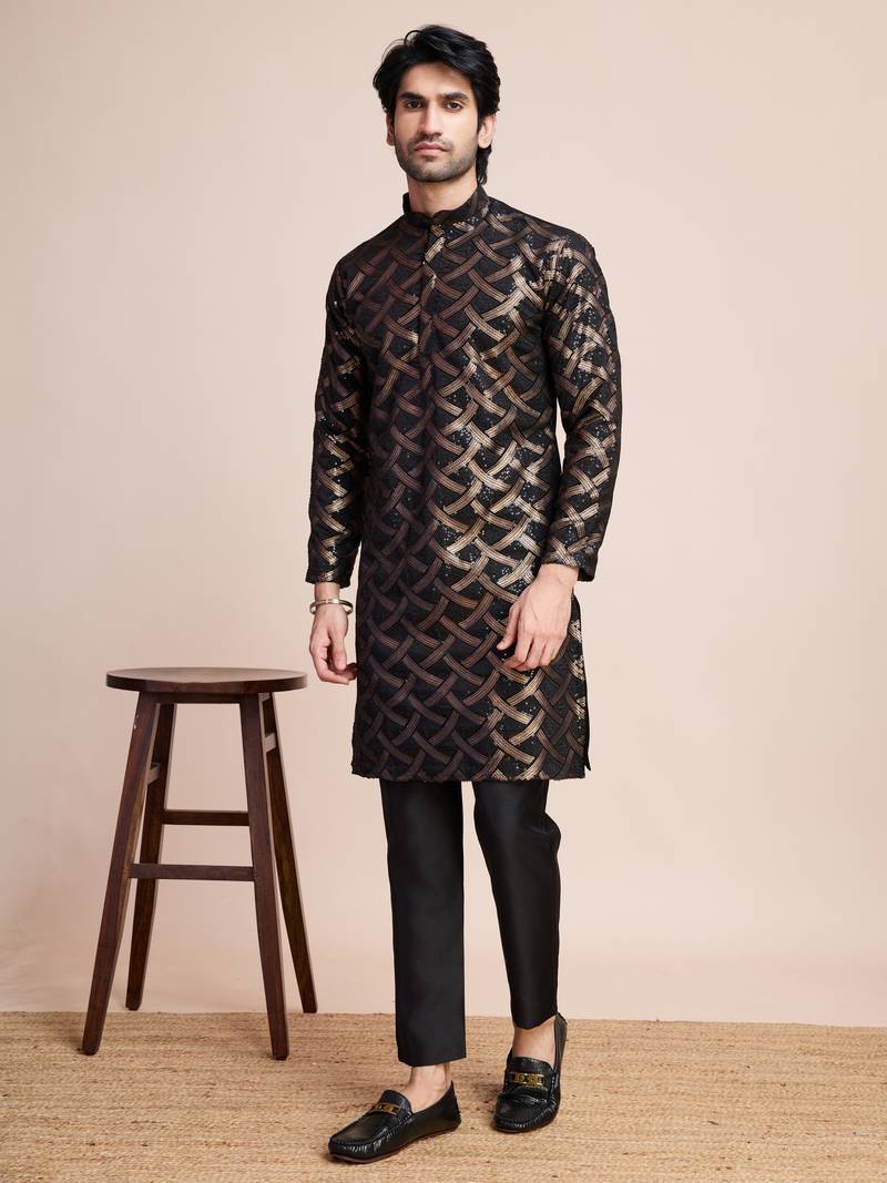 Black silk thread and sequins embroidered work wedding function festival marriage party wear straight kurta