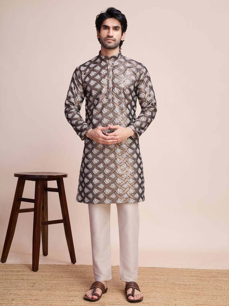 beige silk thread and sequins embroidered straight kurta