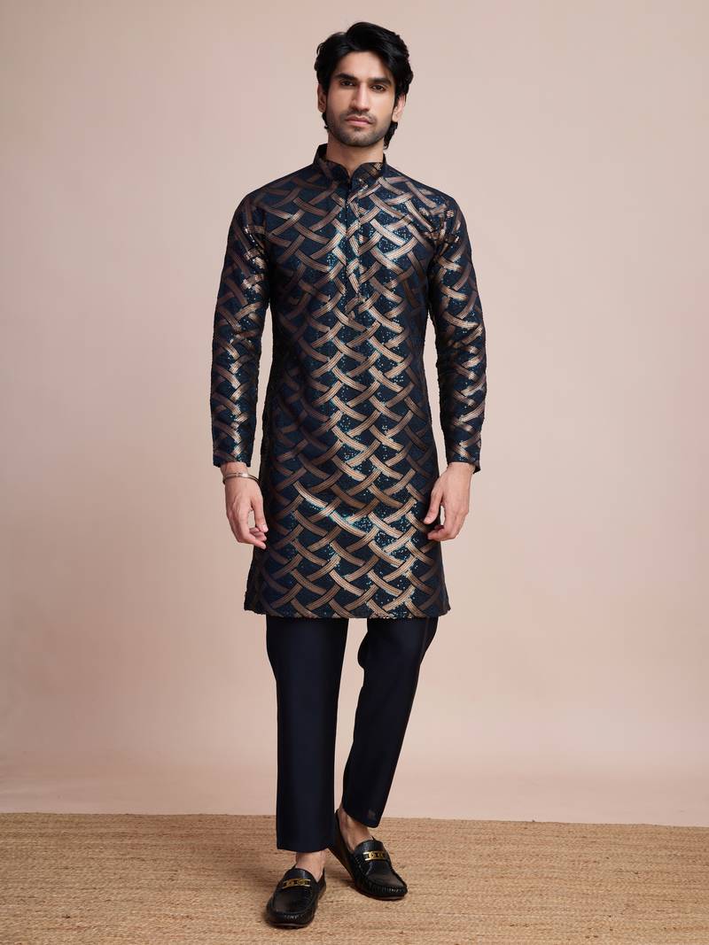 Navy blue silk thread and sequins embroidered work wedding function festival marriage party wear straight kurta