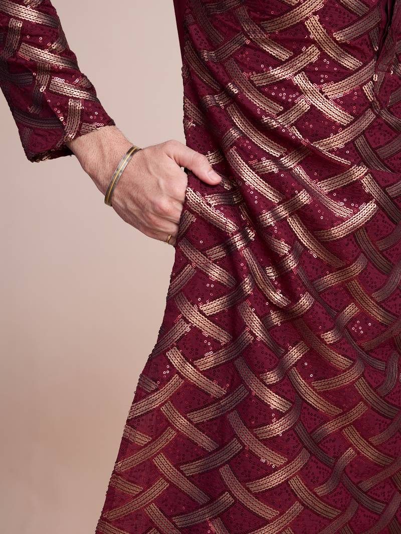 Maroon silk thread and sequins embroidered work wedding function festival marriage party wear straight kurta