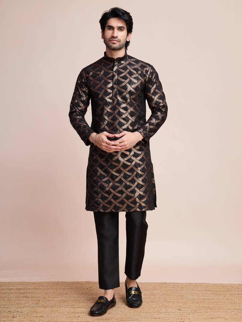 Black silk thread and sequins embroidered work wedding function festival marriage party wear straight kurta