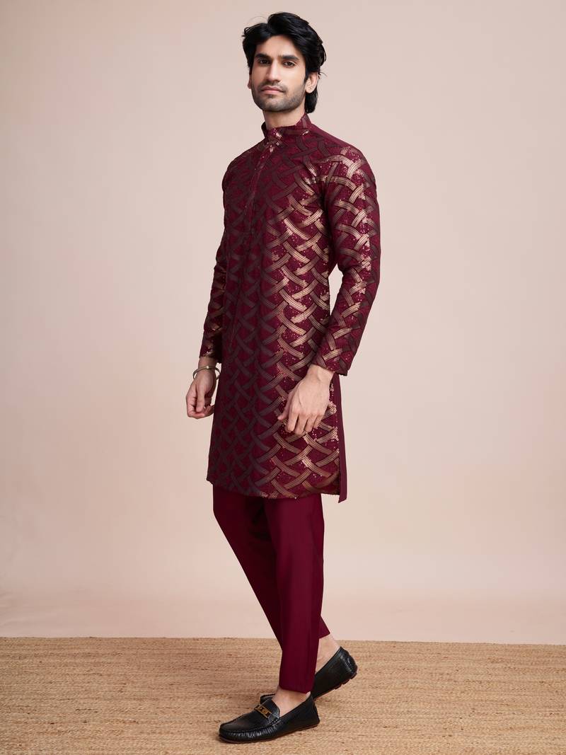 Maroon silk thread and sequins embroidered work wedding function festival marriage party wear straight kurta