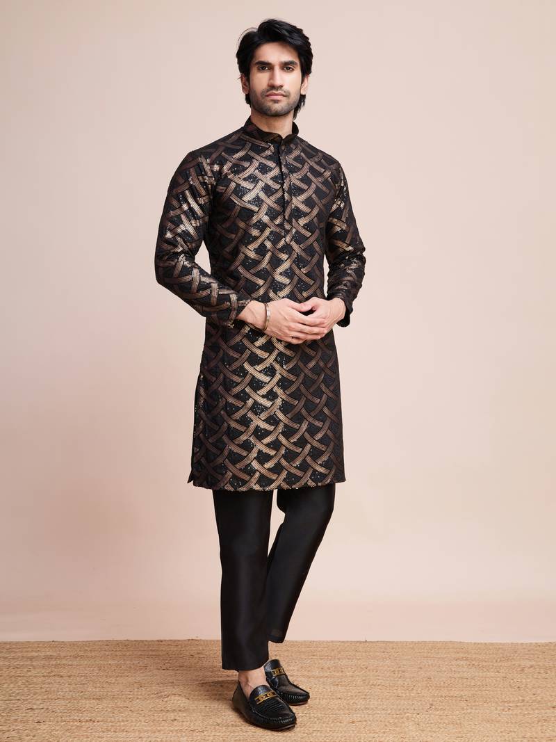 Black silk thread and sequins embroidered work wedding function festival marriage party wear straight kurta