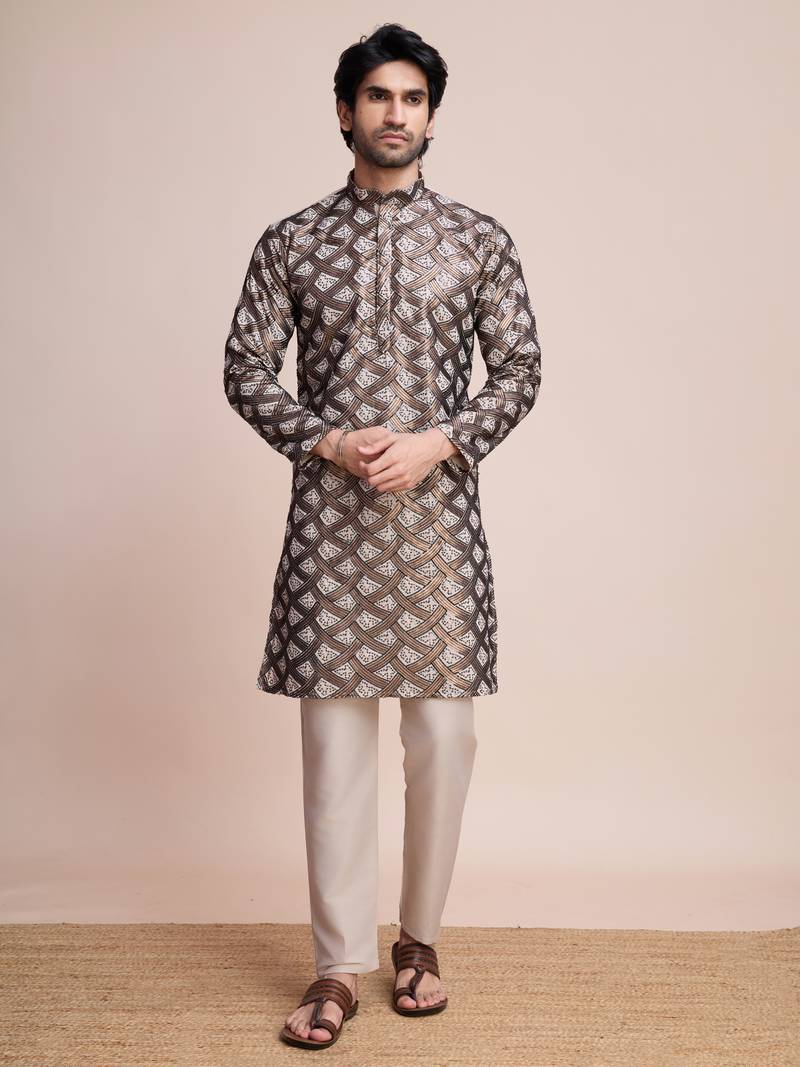 beige silk thread and sequins embroidered straight kurta
