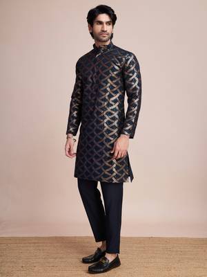 Navy blue silk thread and sequins embroidered work wedding function festival marriage party wear straight kurta 9