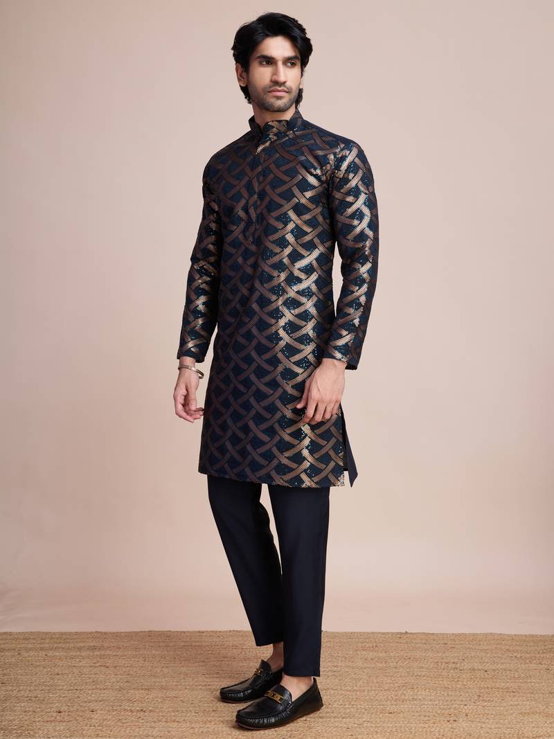 Navy blue silk thread and sequins embroidered work wedding function festival marriage party wear straight kurta