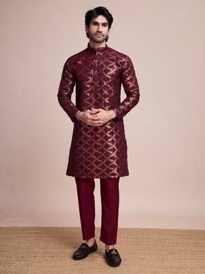 Maroon silk thread and sequins embroidered work wedding function festival marriage party wear straight kurta 9