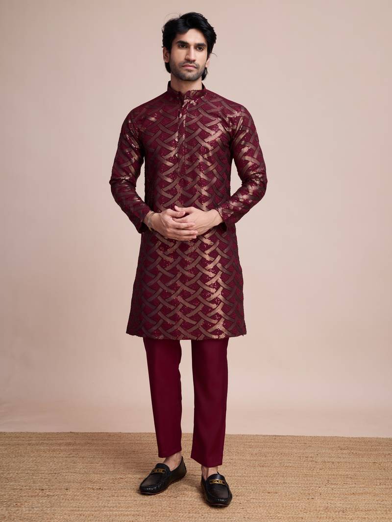 Maroon silk thread and sequins embroidered work wedding function festival marriage party wear straight kurta