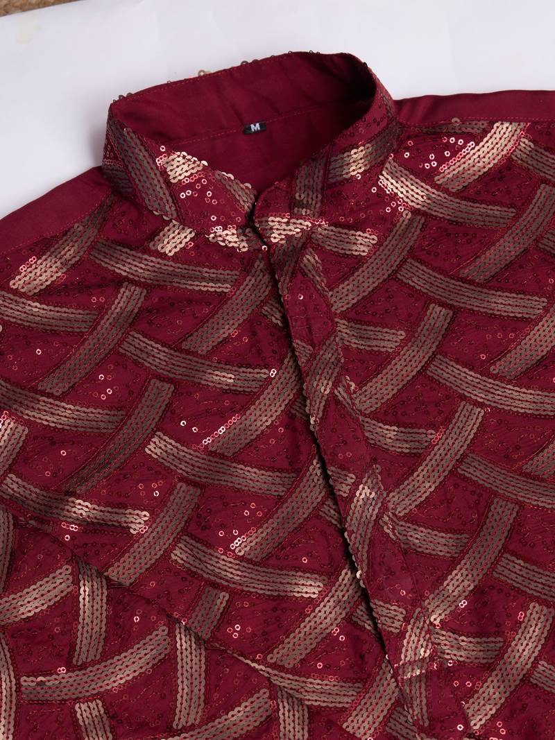 Maroon silk thread and sequins embroidered work wedding function festival marriage party wear straight kurta