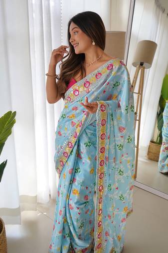 floral digital printed sareewith sequence and malty thread embroiderywork
