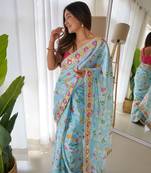 floral digital printed sareewith sequence and malty thread embroiderywork