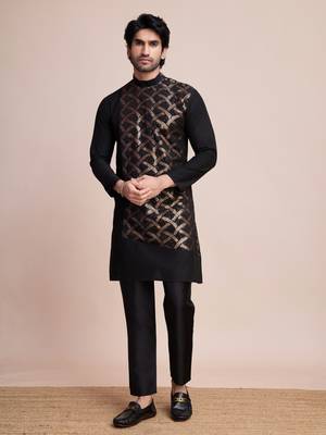 Black silk thread and sequins embroidered work wedding function festival marriage party wear straight kurta 7